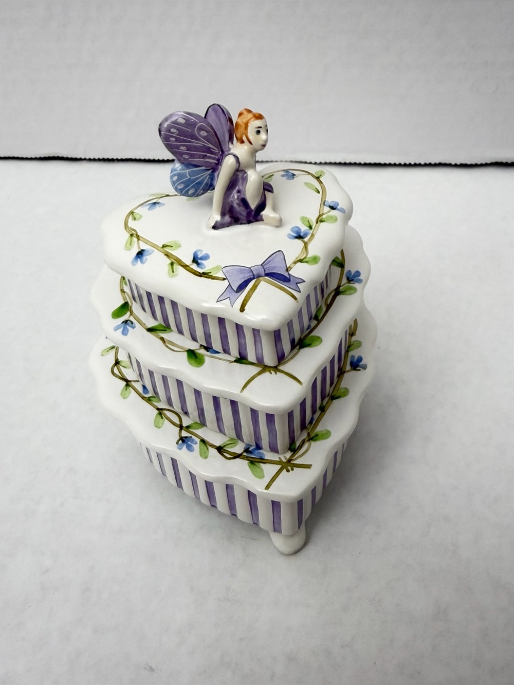VTG KHIM Porcelain Hand Painted Heart Shaped 3 Tier Trinket Dish With Fairy